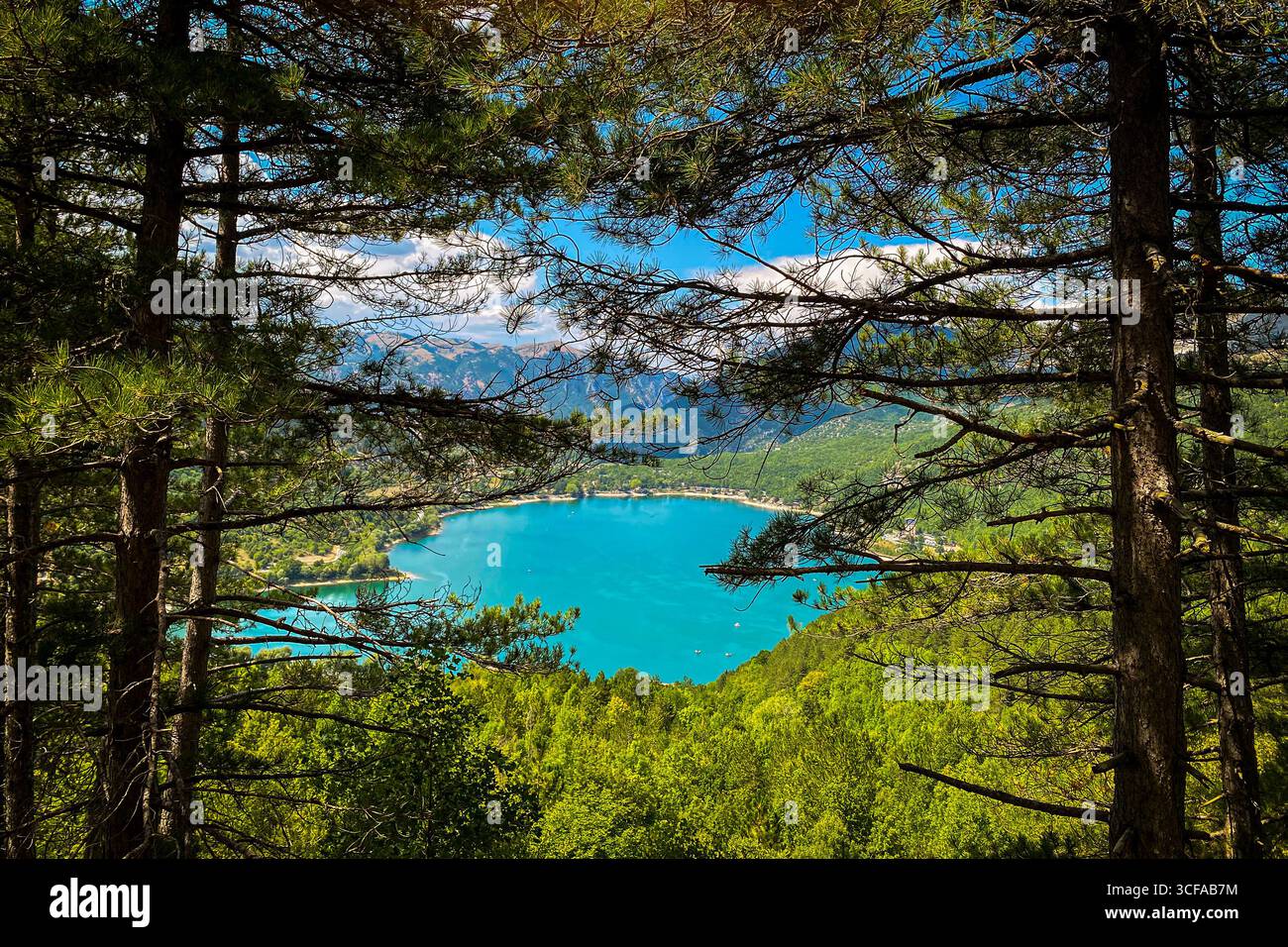 Rami di pino che incorniciano la vista mozzafiato del Lago Scanno, un lago turchese a forma di cuore annidato nell'Appennino Abruzzo, in Italia, creando un pittoresco Foto Stock