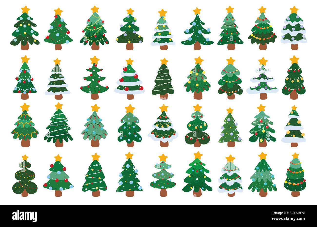 Set clipart piatto albero di Natale. Gli elementi decorativi Christmas Tree December clip art Collection con colorate palline di Natale e luci decorative Illustrazione Vettoriale