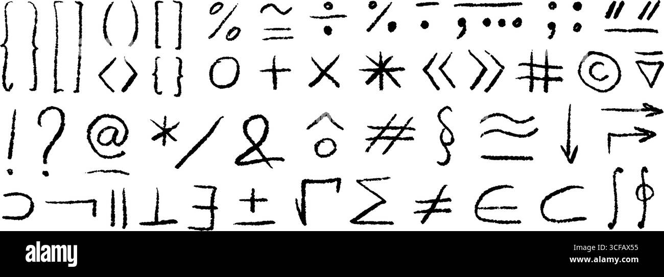 Set di segni di punteggiatura e segni matematici disegnati a mano. Parentesi nere a carbone grezzo punto interrogativo, punto esclamativo e simboli di virgolette. Vari simboli matematici. Pacchetto di schizzo vettoriale Illustrazione Vettoriale