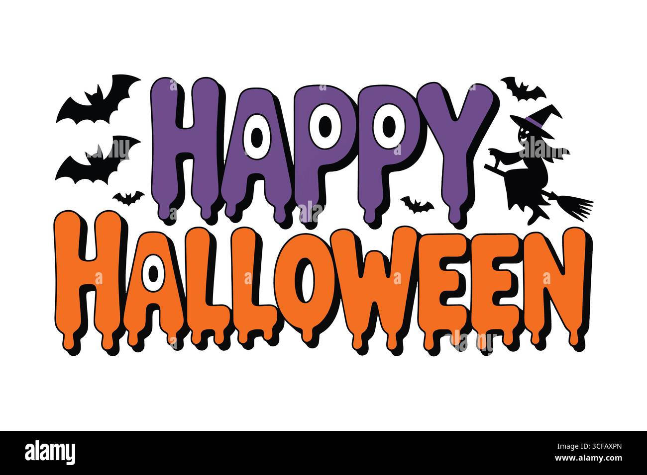 Buon Halloween testo con pipistrelli e strega Illustrazione Vettoriale