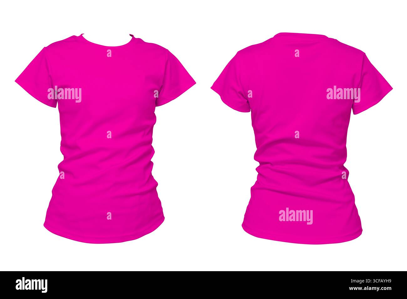 T-shirt rosa semplice visualizzata nella vista anteriore e posteriore isolata su sfondo bianco, ideale per mockup, branding, design di abbigliamento, modelli di stampa, ca Foto Stock