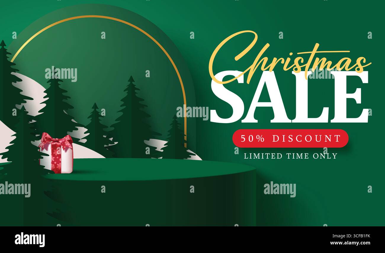 Vendita natalizia con logo a podio verde. Buona offerta natalizia limitata al 50% con clip art sul palcoscenico verde Illustrazione Vettoriale