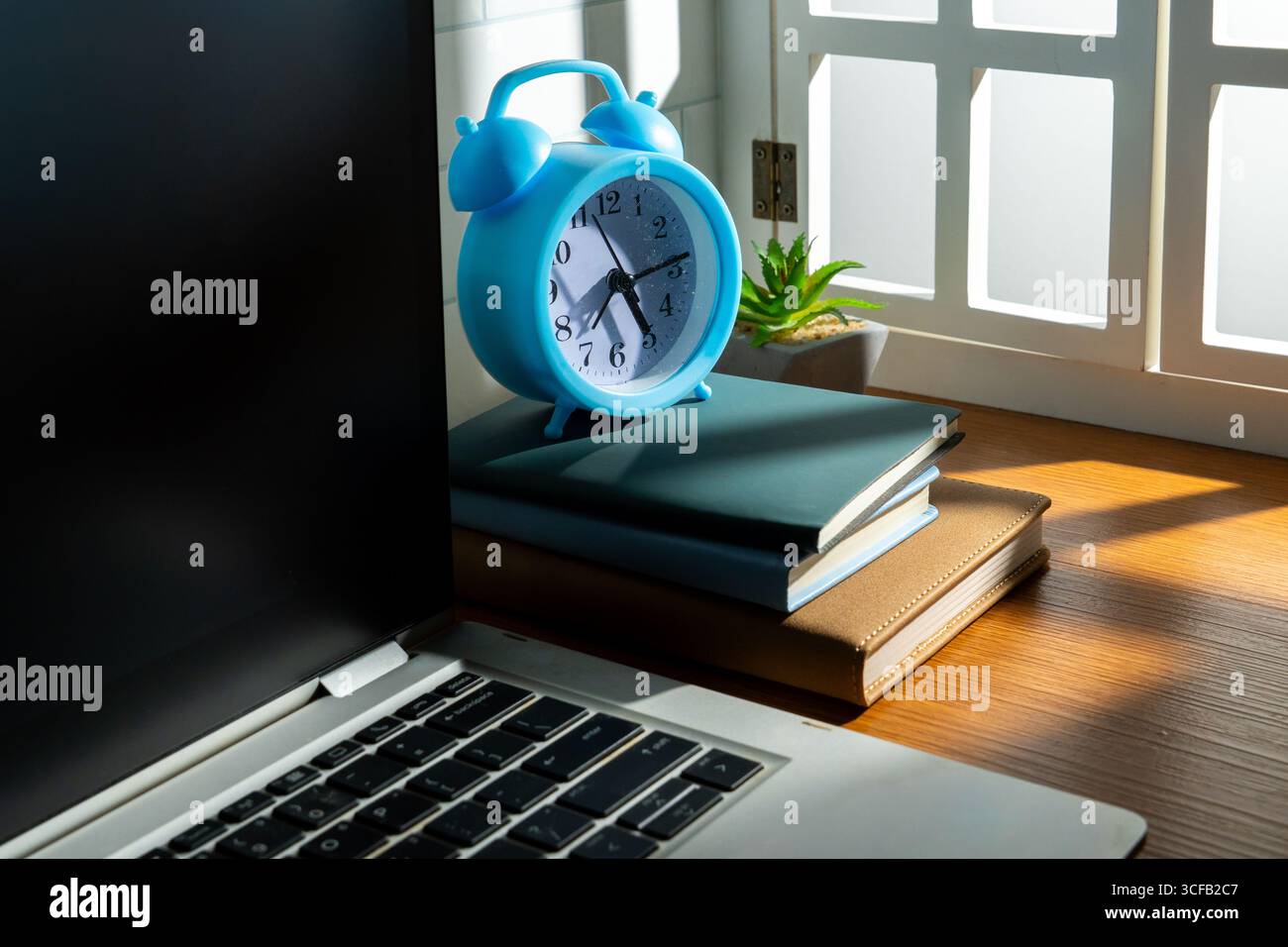 Una scrivania in legno con un computer portatile, libri, una sveglia e una pianta succulenta. Concetto di produttività, apprendimento e gestione del tempo. Foto Stock