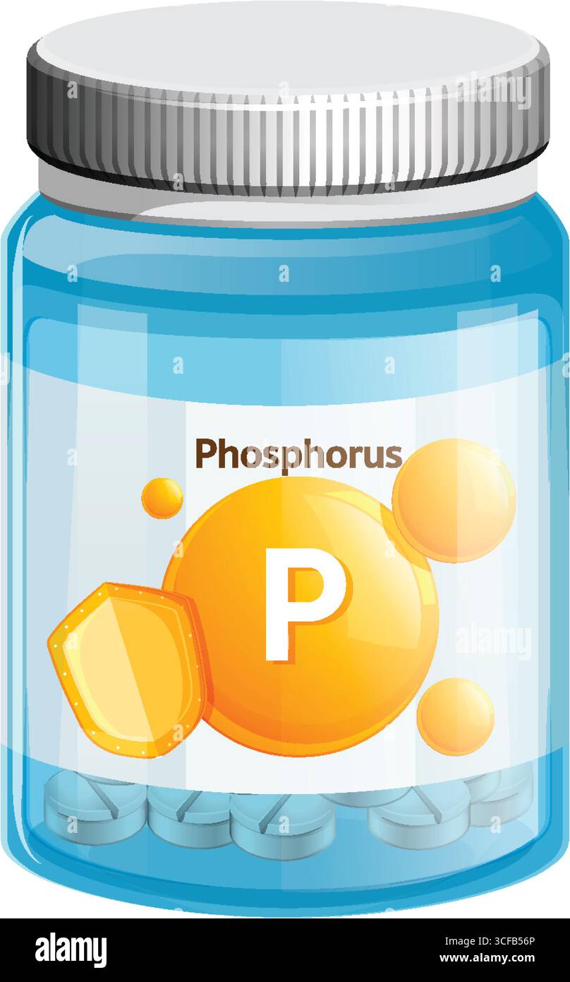 Illustrazione vettoriale di un flacone di plastica trasparente contenente compresse di vitamina fosforica, etichettato con il simbolo chimico, design piatto, colori brillanti, isolamento Illustrazione Vettoriale