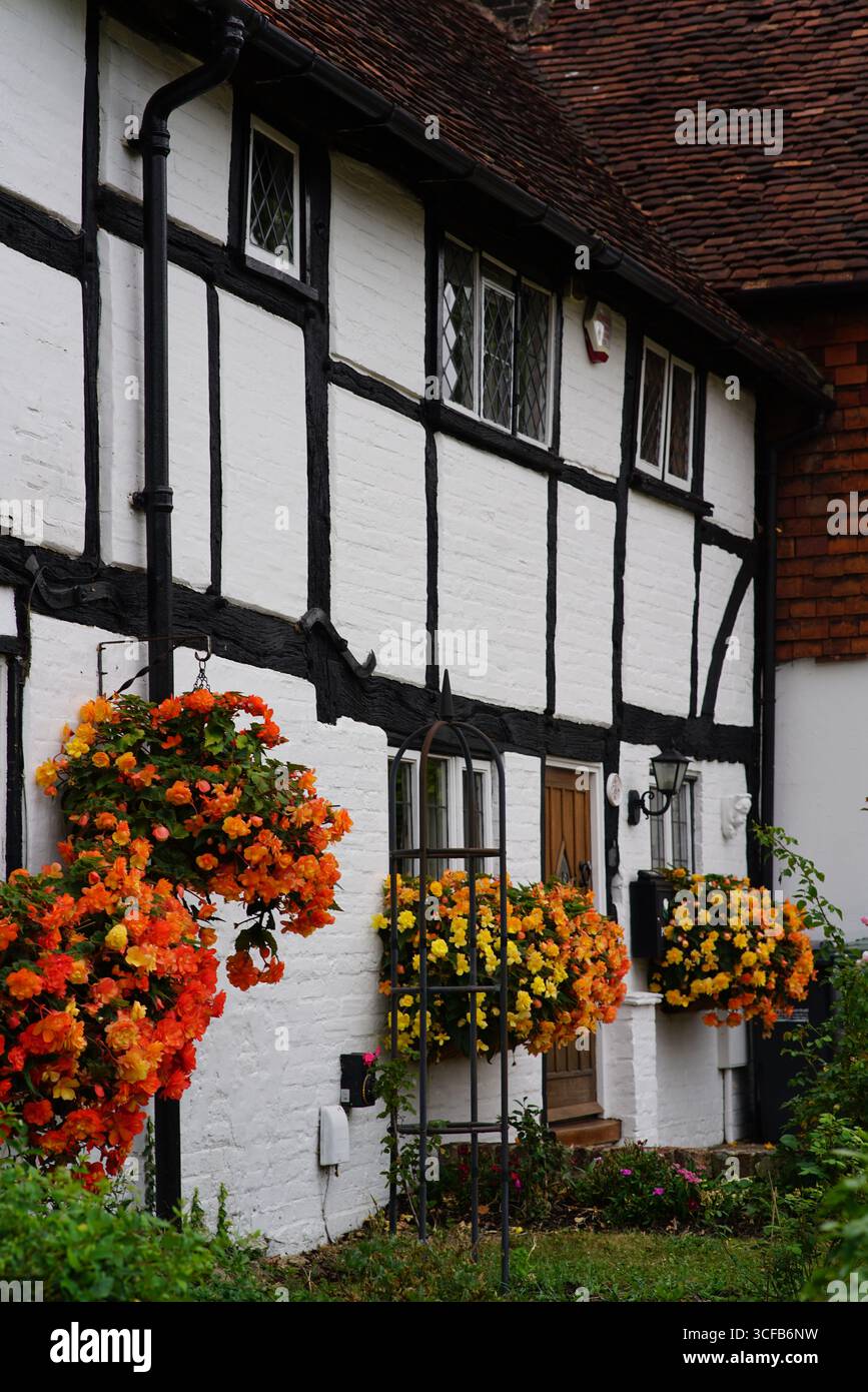 Affascinante cottage in stile Tudor con variopinte esposizioni di fiori e lussureggiante giardino. Redhill, Inghilterra Foto Stock