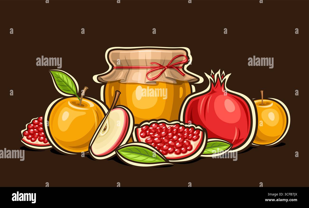 Vector Fruit STILL Life, biglietto d'auguri per rosh hashanah con gruppo di disegni di cartoni animati frutta succosa e vaso di miele naturale, composizione vegetariana con Illustrazione Vettoriale