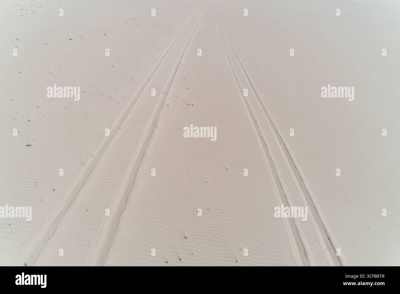 Una spiaggia sabbiosa con due piste di pneumatici nella sabbia Foto Stock