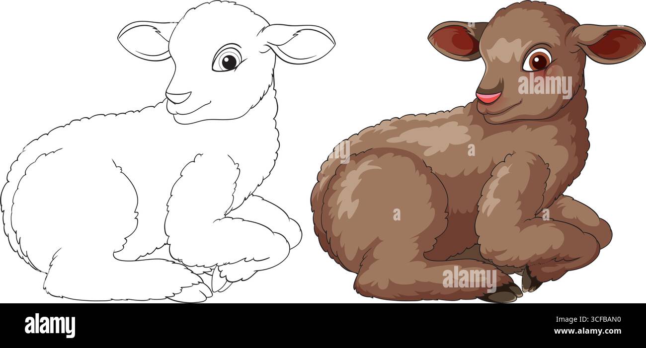 Illustrazione vettoriale di un agnello scozzese marrone in stile cartone animato, mostrato sia colorato che come contorno, con sfumature morbide ed espressione giocosa Illustrazione Vettoriale