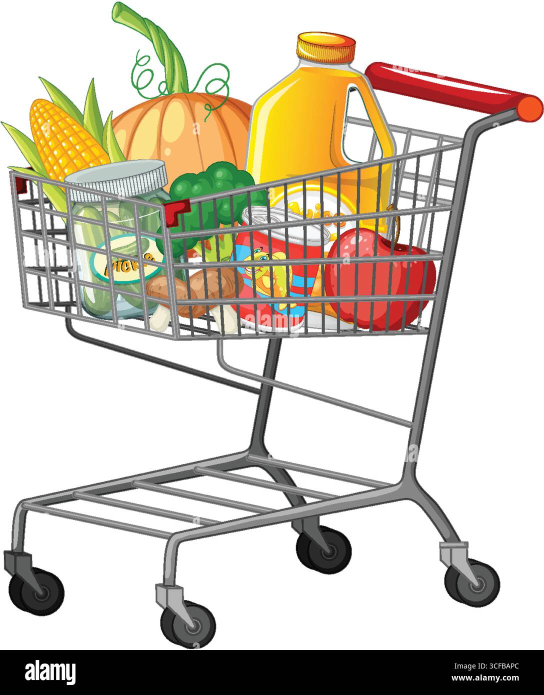 Illustrazione vettoriale di un carrello della spesa in metallo contenente verdura, frutta, succo di frutta e cibo confezionato, realizzato in uno stile cartoni animati pulito e colorato Illustrazione Vettoriale