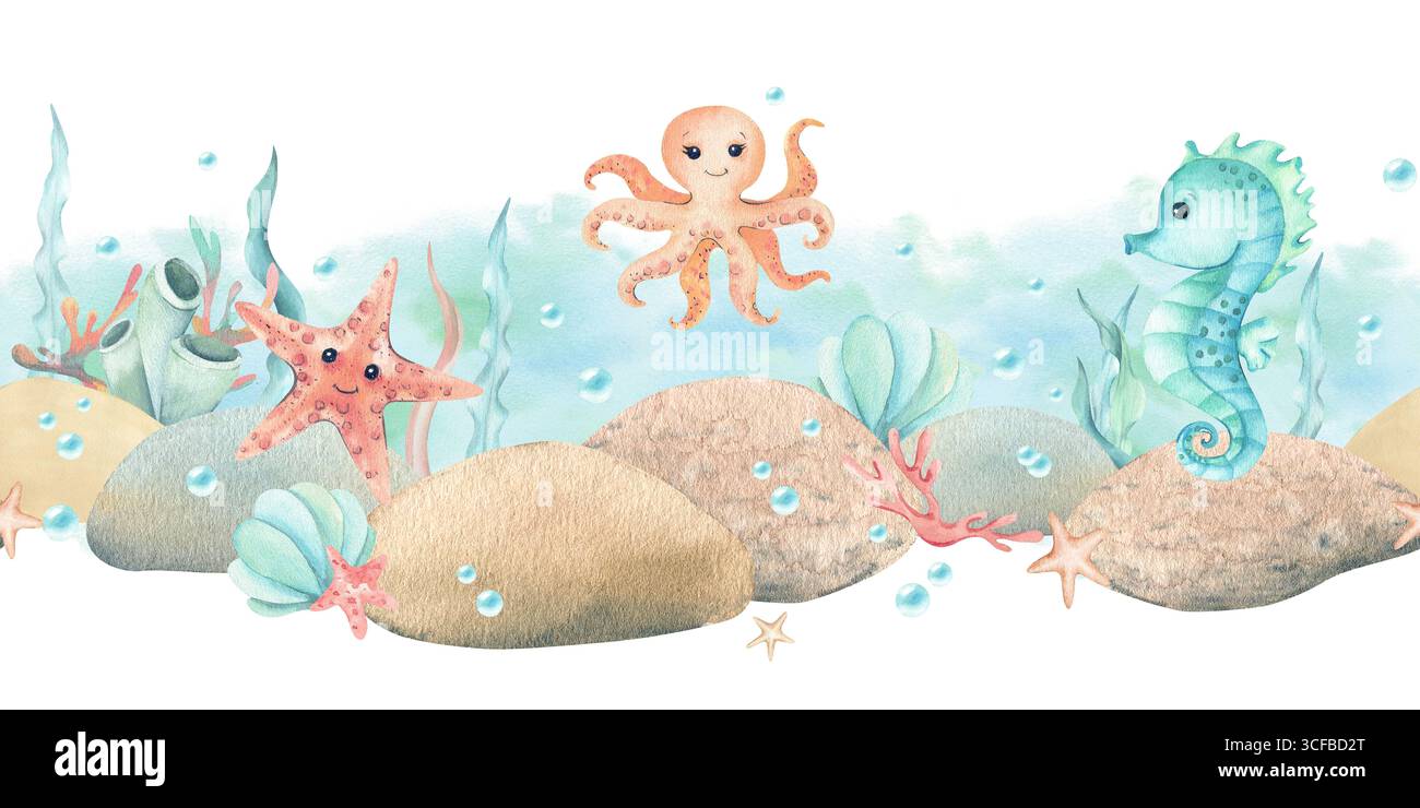Acquerello bordo senza cuciture bambini creature acquatiche personaggi. Cavalluccio marino, stelle marine, polpi e pietre, alghe, conchiglie. Punto turchese e. Foto Stock