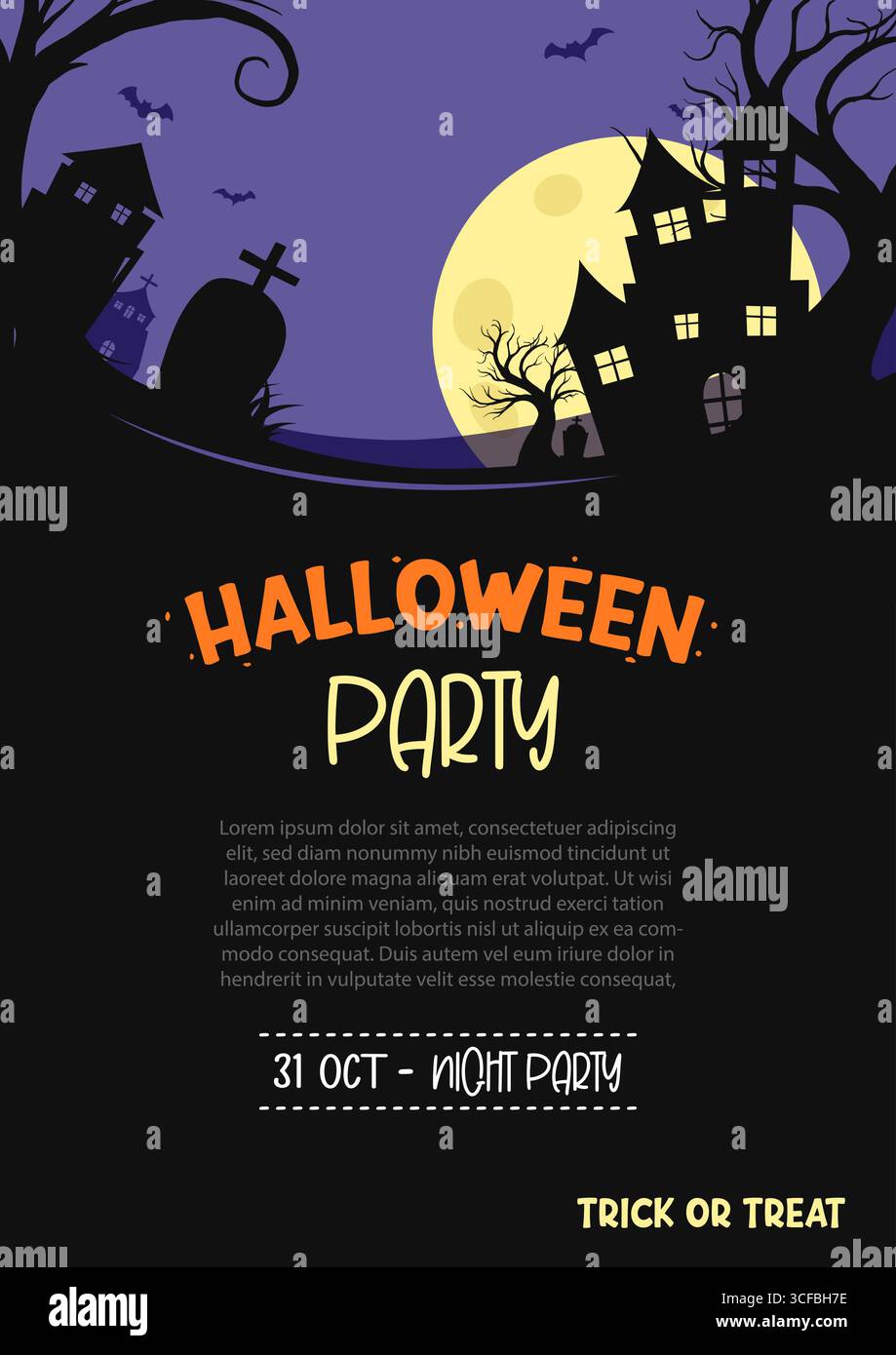 Sfondo del modello di biglietto d'invito per la festa di Halloween. Poster di halloween con scene di case infestate, tombe, lune, pipistrelli. Illustrazione Vettoriale Sfondo del modello di biglietto d'invito per la festa di Halloween. Poster di halloween con scene di case infestate, tombe, lune, pipistrelli. Illustrazione Vettoriale