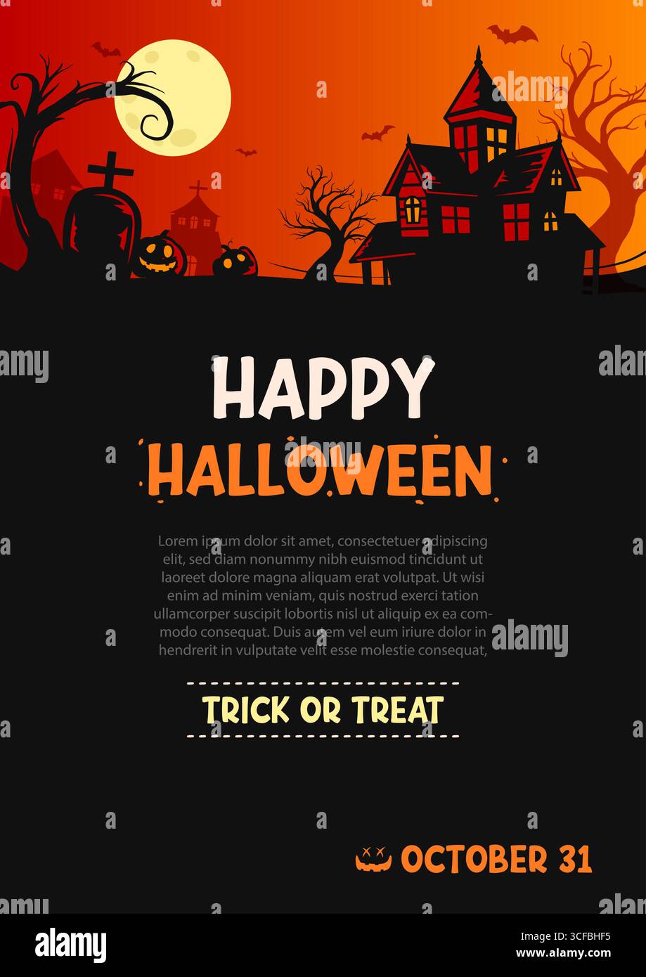 Sfondo del biglietto di auguri di buon halloween o del modello di invito alla festa. Poster di Halloween con case infestate, tombe, lune, pipistrello, zucca. Illustrazione Vettoriale Sfondo del biglietto di auguri di buon halloween o del modello di invito alla festa. Poster di Halloween con case infestate, tombe, lune, pipistrello, zucca. Illustrazione Vettoriale