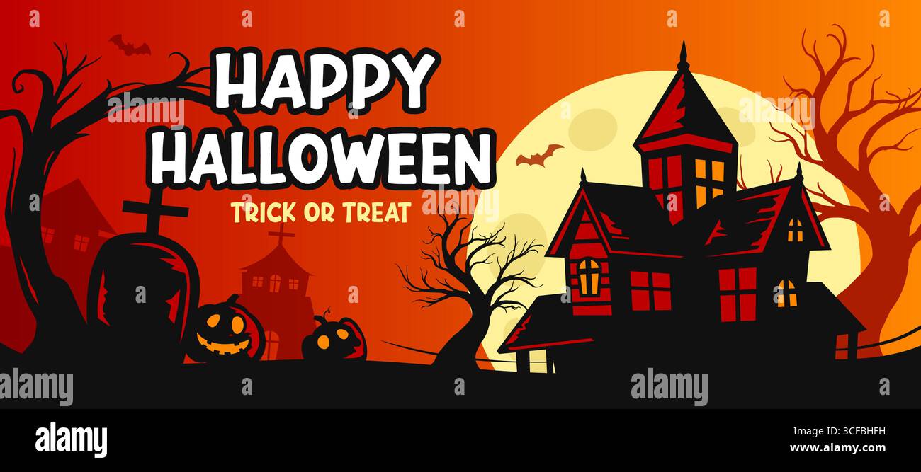 Sfondo del biglietto di auguri di buon halloween o del modello di invito alla festa. Poster di Halloween con scene di case infestate, tombe, lune, pipistrello, zucca. Illustrazione Vettoriale Sfondo del biglietto di auguri di buon halloween o del modello di invito alla festa. Poster di Halloween con scene di case infestate, tombe, lune, pipistrello, zucca. Illustrazione Vettoriale