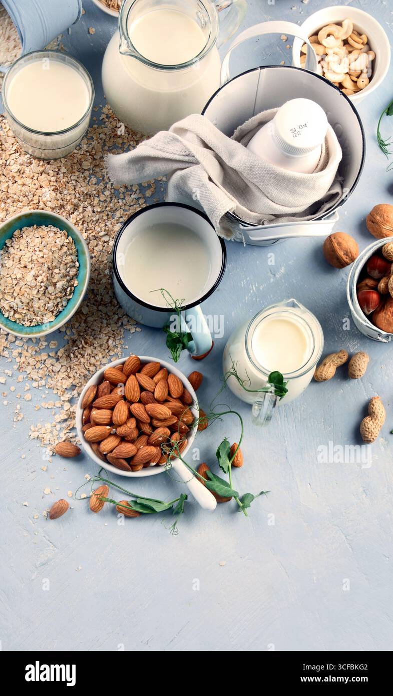 Vari ingredienti e latte a base di piante vegane. Bevanda sostitutiva latte libero. Dieta vegana e vegetariana sana. Foto Stock