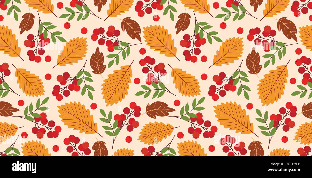 Colorato e accogliente motivo autunnale senza cuciture. Sfondo caldo con foglie di ghianda e frutti di bosco maturi di rowan. Stampa della natura botanica autunnale stagionale, grafica vettoriale Illustrazione Vettoriale