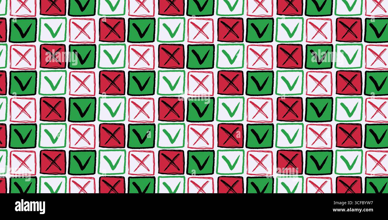 Modello senza cuciture disegnato a mano con croce rossa e segni di spunta verdi nelle caselle quadrate. Formazione Vector Doodle per istruzione, esami, votazioni, elenchi di cose da fare Illustrazione Vettoriale