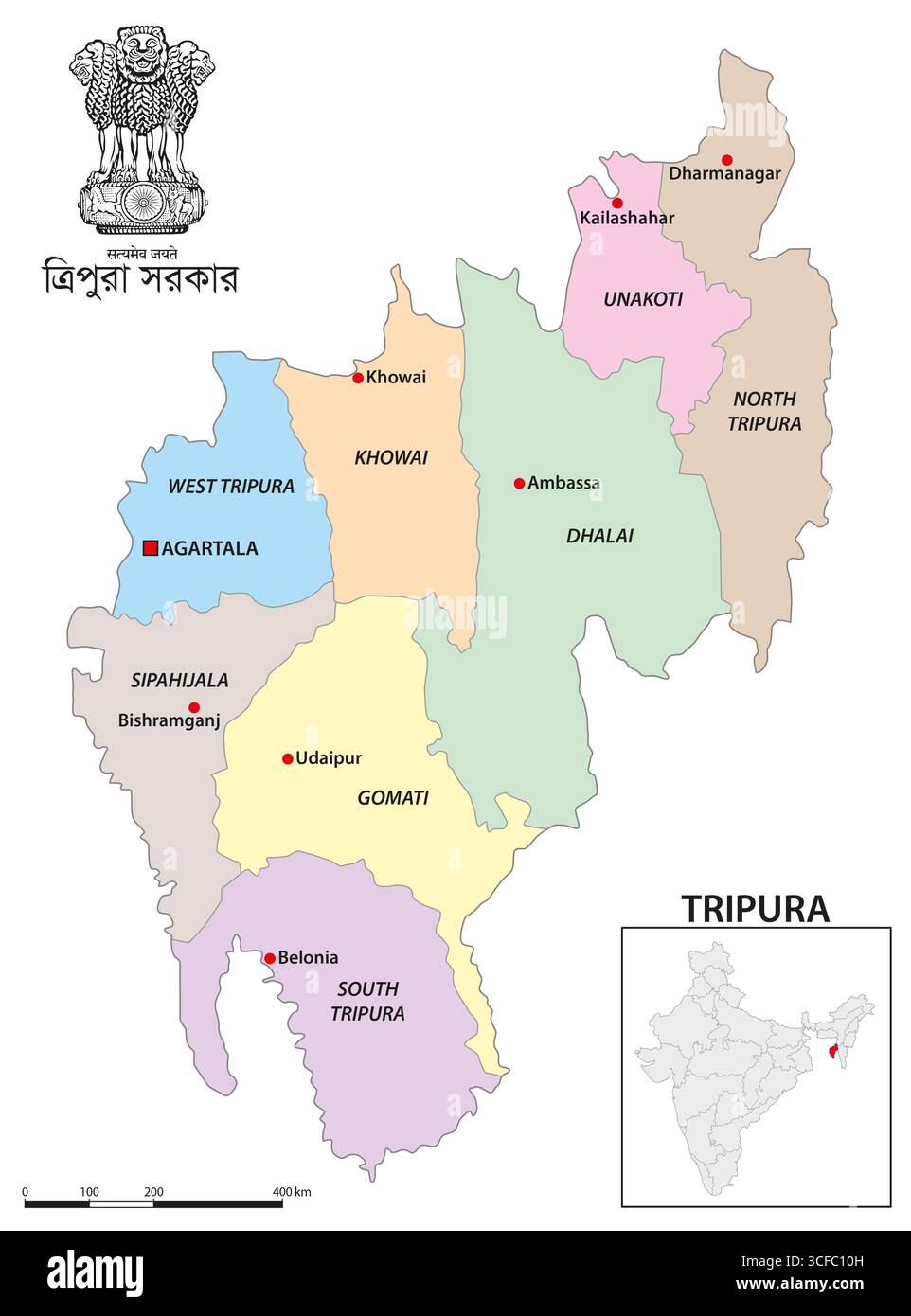 Mappa amministrativa dello stato indiano di Tripura, 2024 Foto Stock