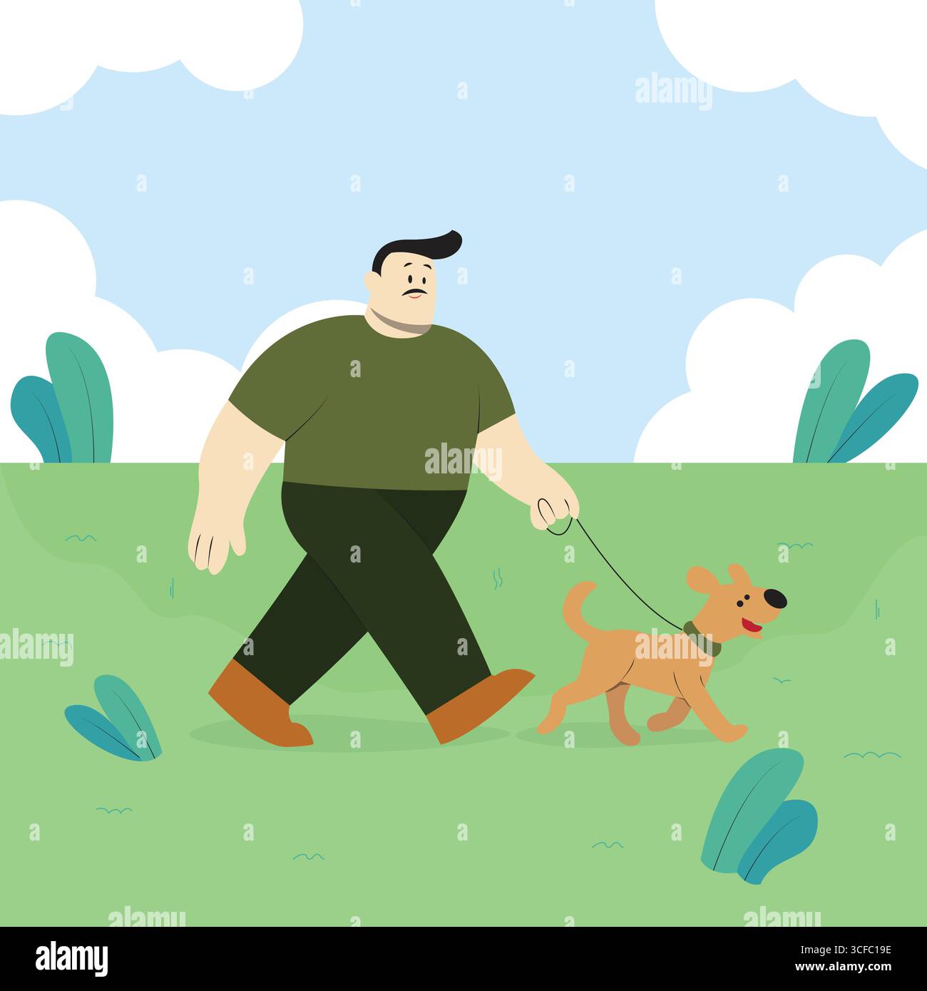 Un'illustrazione minimalista di un grande uomo che cammina con il suo cane al guinzaglio nel parco. Semplice stile cartoni animati, linee artistiche pulite, adatto per il Web Illustrazione Vettoriale Un'illustrazione minimalista di un grande uomo che cammina con il suo cane al guinzaglio nel parco. Semplice stile cartoni animati, linee artistiche pulite, adatto per il Web Illustrazione Vettoriale