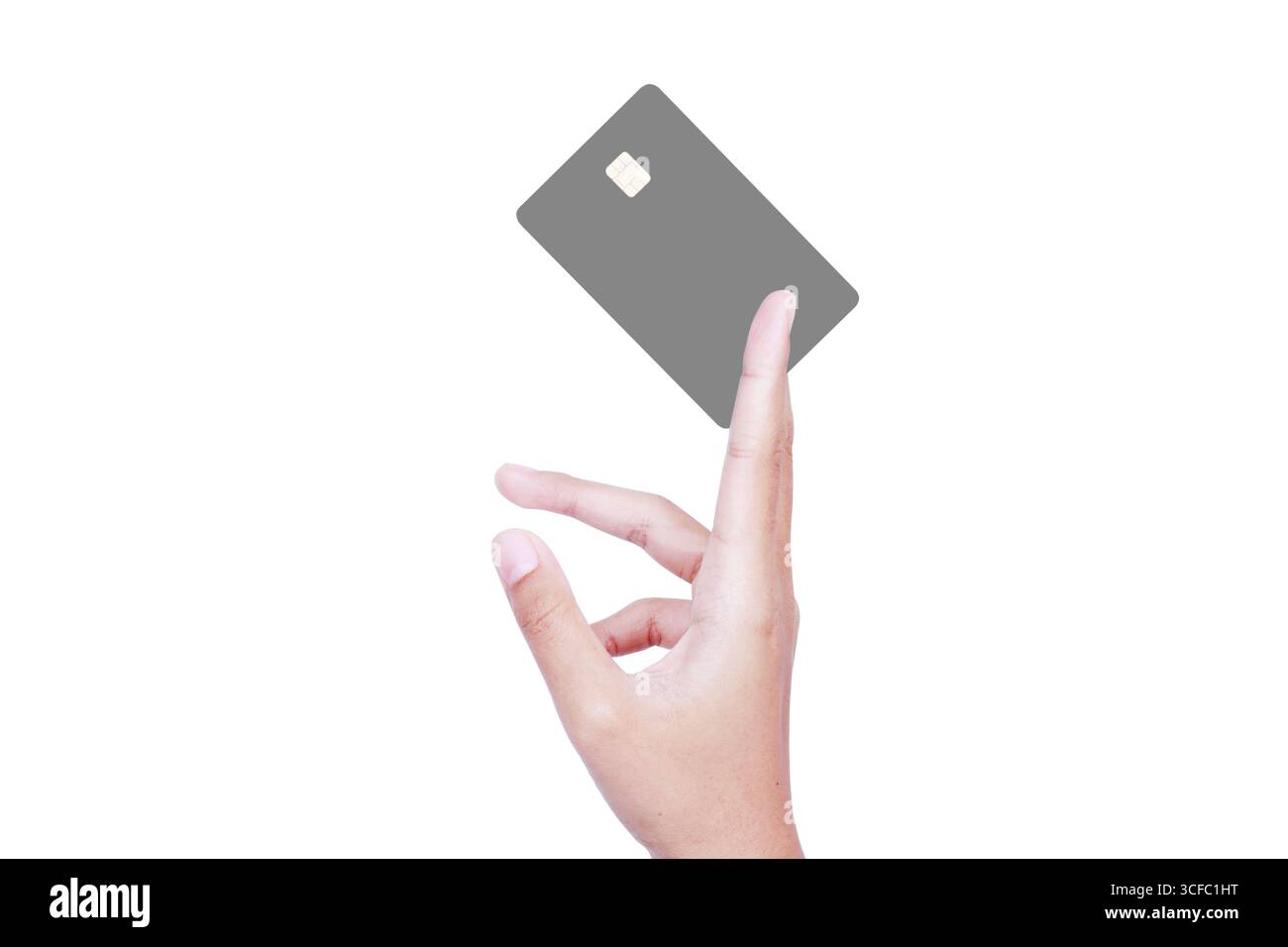 Mano che tiene una carta di credito con un modello di chip. Concetto. Carta di credito vuota con spazio di copia pronto per la progettazione del testo. Foto Stock