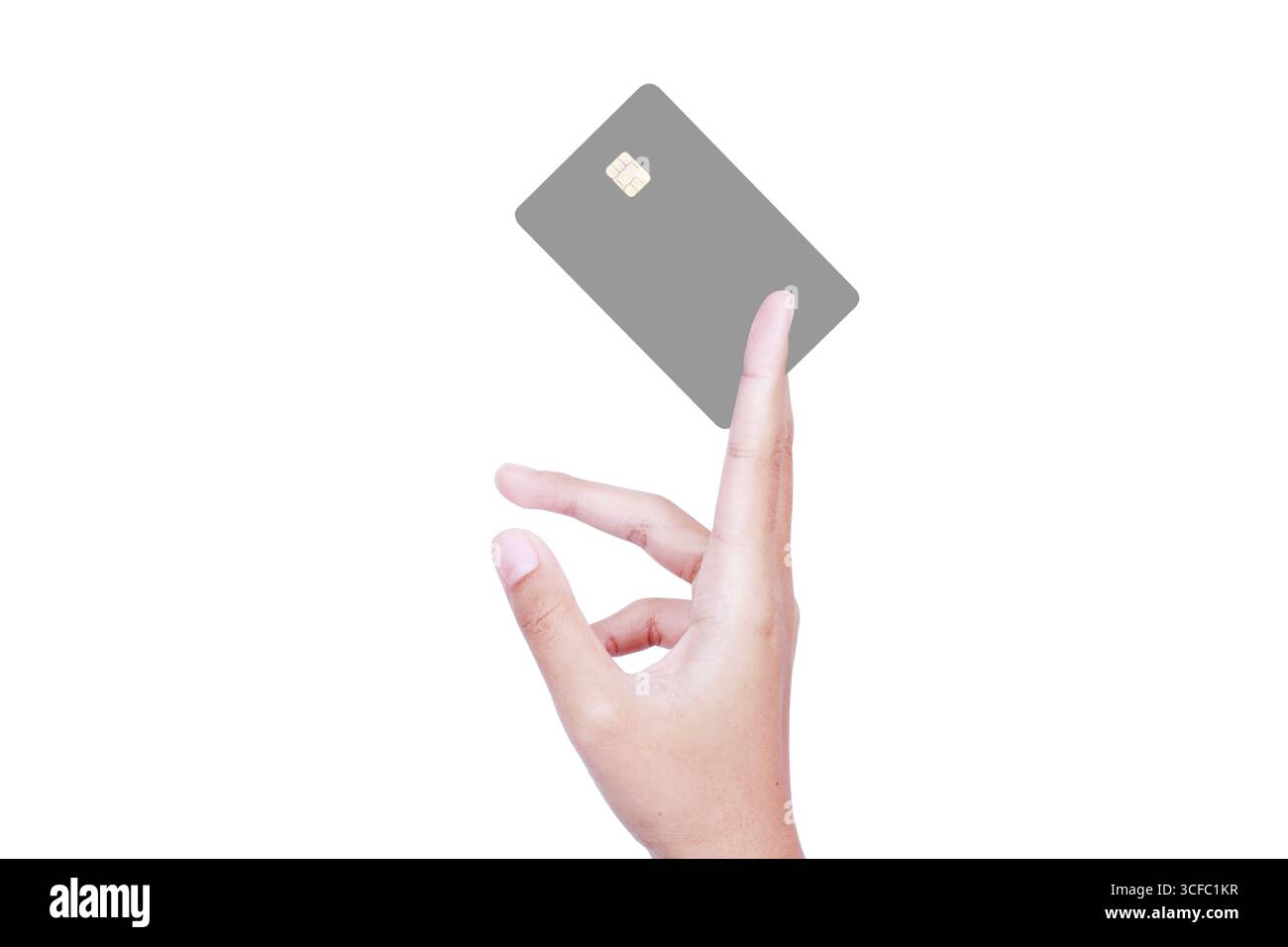 Mano che tiene una carta di credito con un modello di chip. Concetto. Carta di credito vuota con spazio di copia pronto per la progettazione del testo. Foto Stock