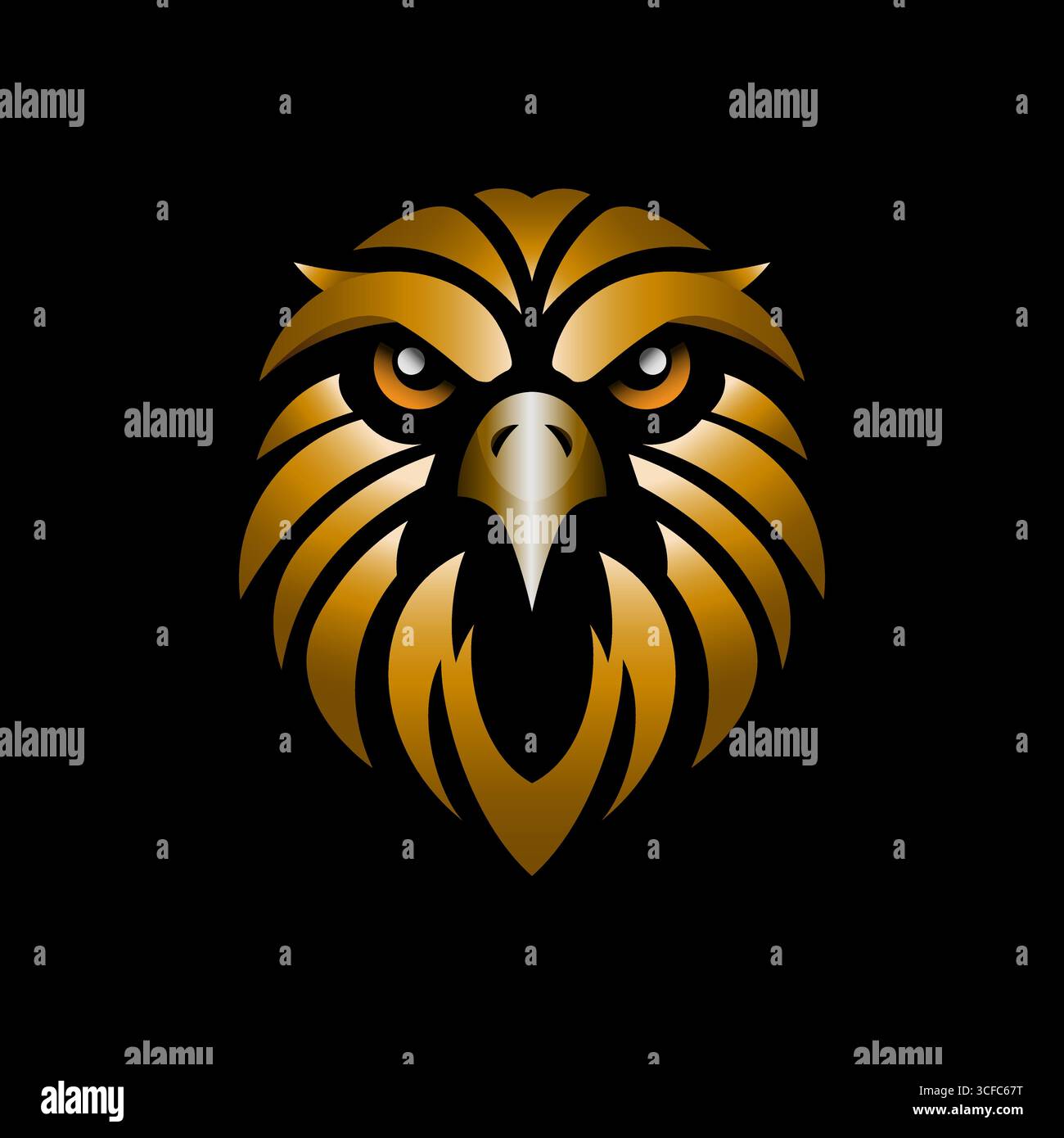 Elegante design con logo a aquila dorata. Potente emblema di uccello grafica vettoriale che rappresenta forza, coraggio, patriottismo e identità del marchio aziendale Illustrazione Vettoriale