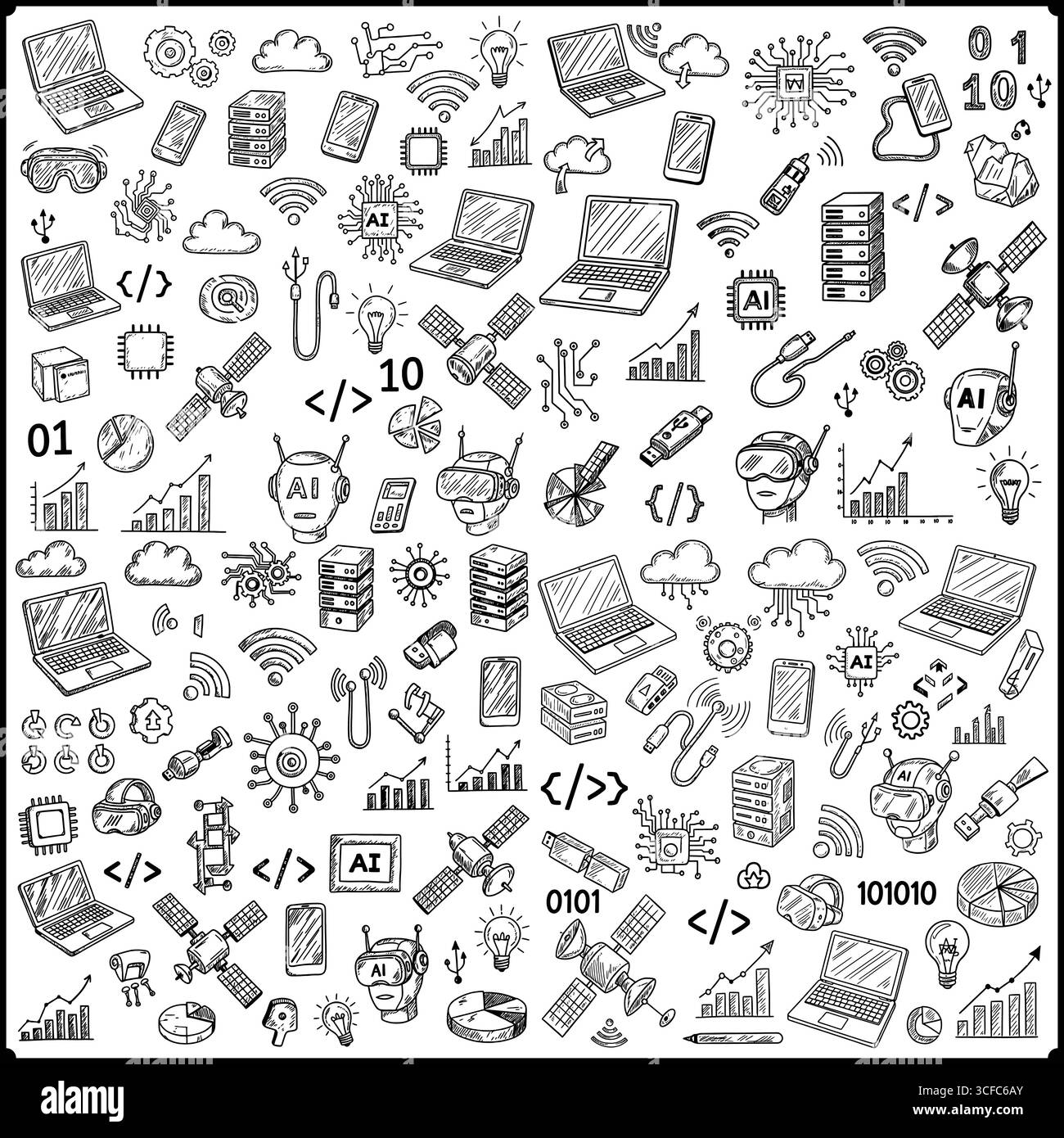 Icone della tecnologia disegnate a mano, tra cui laptop robot satelliti e server dati in bianco e nero Illustrazione Vettoriale