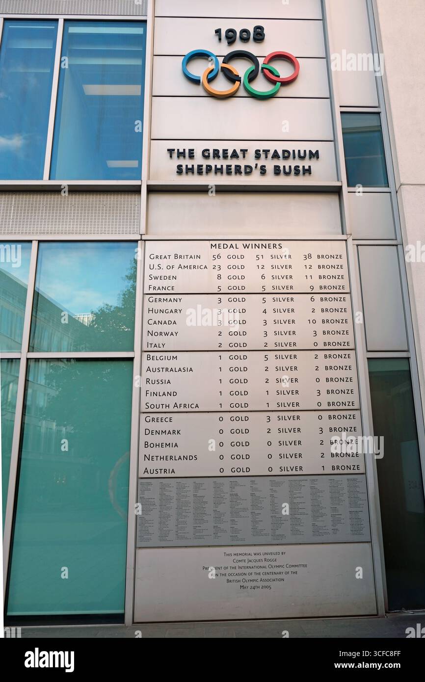 Targa d'onore commemorativa delle Olimpiadi estive del 1908 su un muro, BBC Media Village - il sito originale dello stadio - White City, Londra, Regno Unito Foto Stock