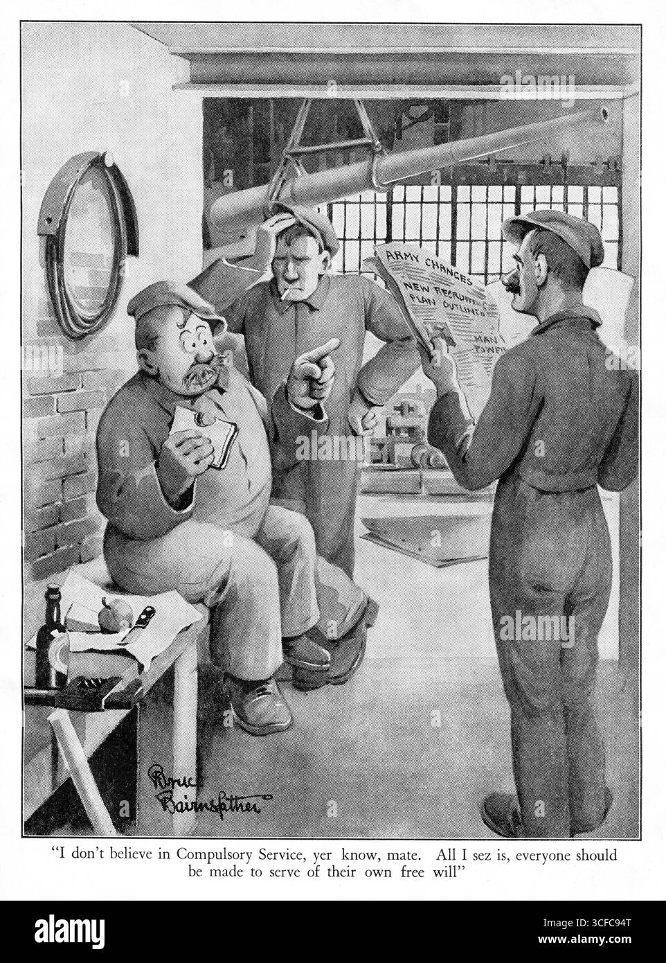 Un divertente cartone animato del periodo della seconda guerra mondiale che raffigura il popolare personaggio di un soldato britannico immaginario, Old Bill, creato dal fumettista Bruce Bairnsfather. Questo cartone mostra Old Bill raffigurato come un operaio delle munizioni vestito con una tuta da caldaia e mangiando un panino. Uno dei suoi colleghi sta leggendo un articolo di giornale sul reclutamento dell'esercito. Di seguito è riportata la didascalia, “non credo nel servizio obbligatorio, lo sai, amico. Tutto ciò che io sez è, tutti dovrebbero essere fatti servire di propria libera volontà”. Foto Stock