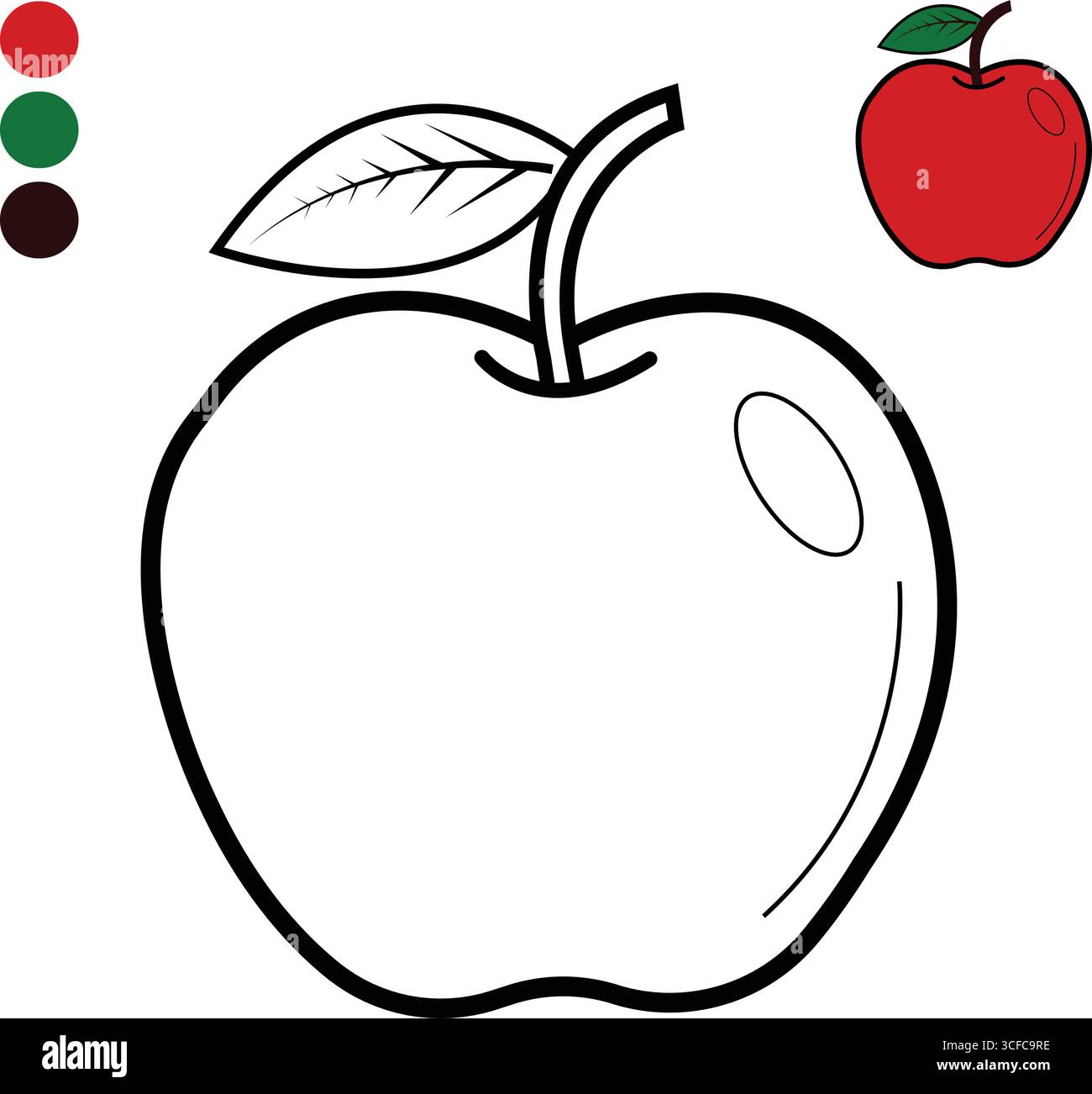 Illustrazione vettoriale chiara di una singola mela con una foglia e uno stelo, presentata come pagina di colorazione stampabile con campioni di colore consigliati per l'edu Illustrazione Vettoriale