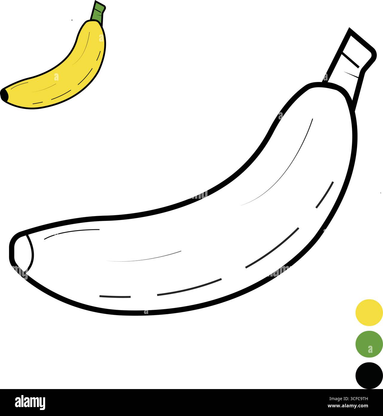 Illustrazione vettoriale ad alta risoluzione di un singolo frutto di banana con stelo e campioni di riferimento a colori, perfetta per una pagina da colorare stampabile o. Illustrazione Vettoriale