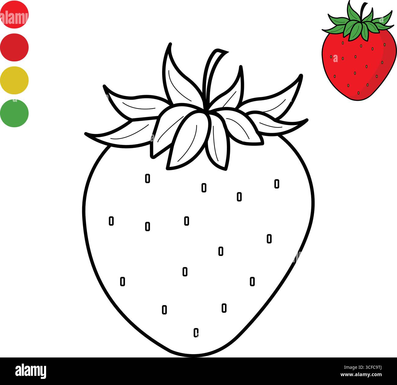 Illustrazione vettoriale pulita di un singolo frutto di fragola, completo di foglie e semi, progettato per essere utilizzato come pagina di colorazione stampabile o educa Illustrazione Vettoriale