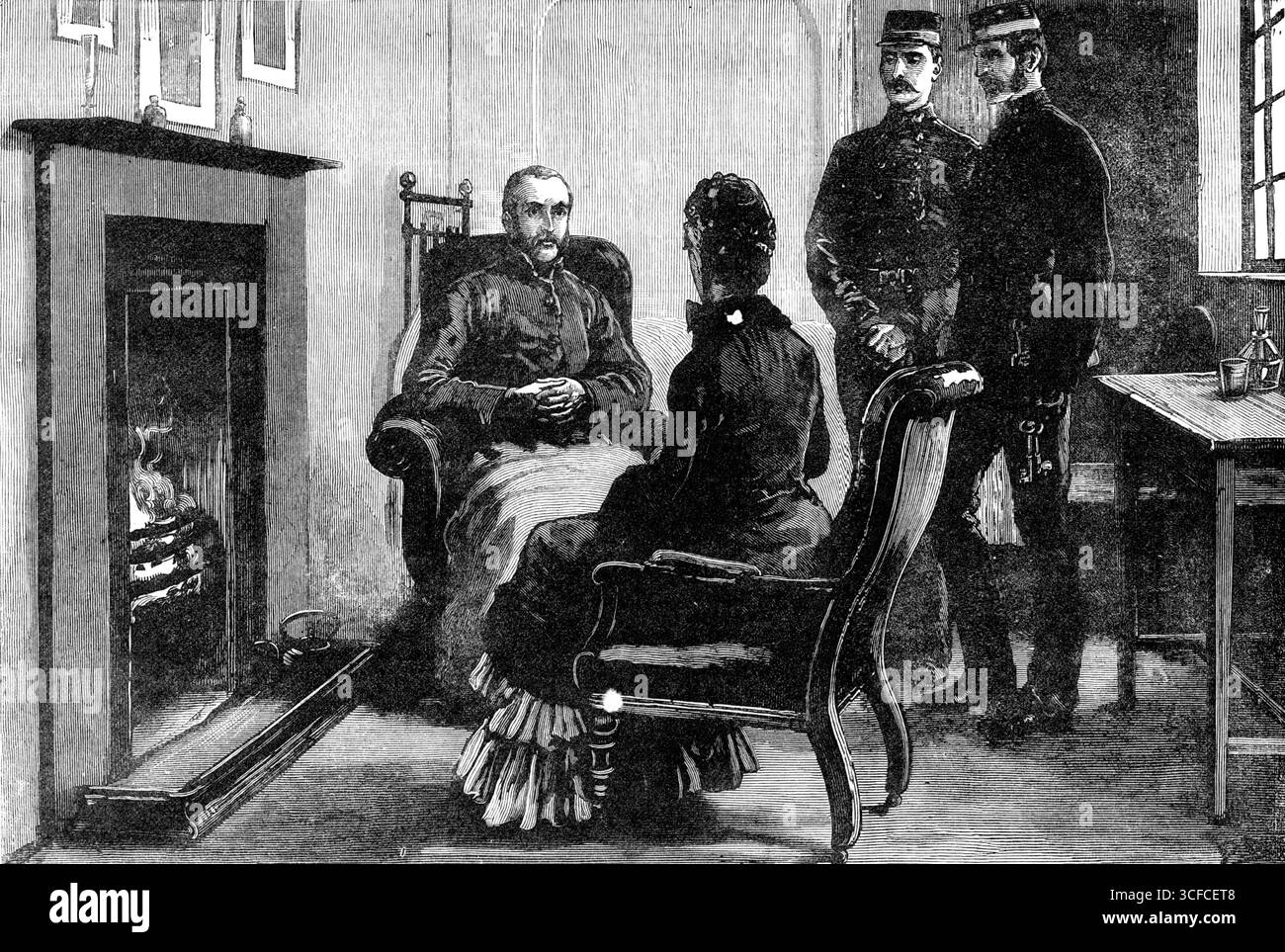 Lo Stato d'Irlanda: Il signor Parnell intervistato nella prigione di Kilmainham, 1881. L'avvertimento del signor Gladstone durante la sua visita a Leeds che la politica del saccheggio sarebbe stata affrontata da "tutte le forze della civiltà" non avendo prodotto alcun effetto, e l'ascesa della Lega divenuta più evidente di settimana in settimana, il signor Parnell e circa una dozzina dei suoi confederati, inclusi quattro M.P., furono arrestati verso la metà di ottobre e consegnati alla prigione di Kilmainham, e la Land League fu proscritta come associazione illegale. Gli aderenti della Lega furono per un certo periodo sbalorditi da questa risoluta Foto Stock