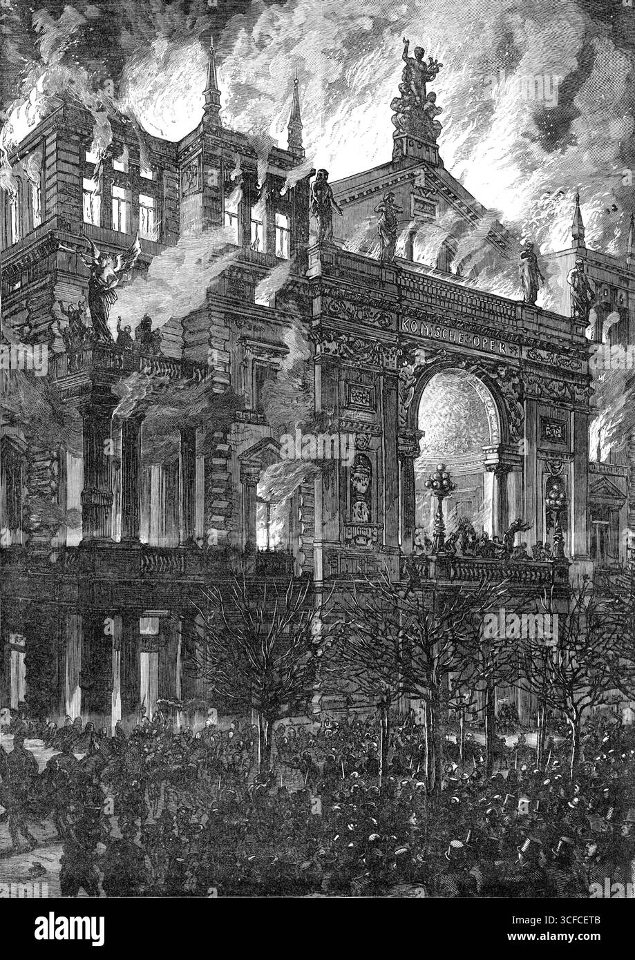Burning of the Ring Theatre a Vienna disegnato da J. Sch&#xf6;nberg da uno schizzo di Mangold di Vienna, 1881. Un terribile disastro... il grido di "fuoco!" rosa proveniente da tutte le parti dell'edificio affollato... i passaggi stretti sopra sono stati presto bloccati... alcuni, più fortunati del resto, affollati sui balconi esterni... e hanno sopportato un terribile periodo di suspense prima che potesse essere dato loro assistenza... le scale erano troppo corte... un grosso panno è stato sparso, e prima i bambini e le signore e poi gli uomini sono saltati uno dopo l'altro, e sono stati catturati Foto Stock