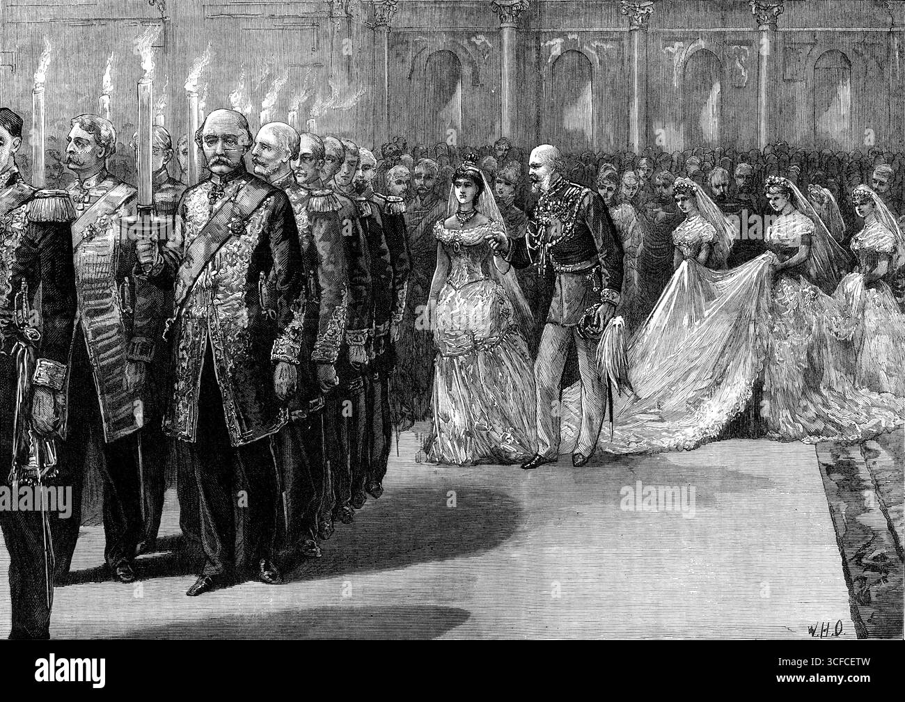 Feste di matrimonio a Berlino: Fackel-Tanz, o danza di torcia al Royal Wedding, da uno sketch del nostro artista speciale, il signor William Simpson, 1881. Matrimonio del principe Guglielmo di Prussia con la principessa Vittoria di Schleswig-Holstein-Sonderburg-Augustenburg. "...l'Imperatore, la sposa e lo sposo, i principi e le principesse tornarono [al Saloon bianco]...iniziò la tradizionale danza della fiaccola, che durò fino a tarda notte, e concluse questo cerimoniale di nozze. Il nostro artista speciale ha fatto uno schizzo... che ha avuto l'onore di mostrare alle loro Maestie l'Imperatore e l'Imperatrice il giorno dopo... il ven Foto Stock