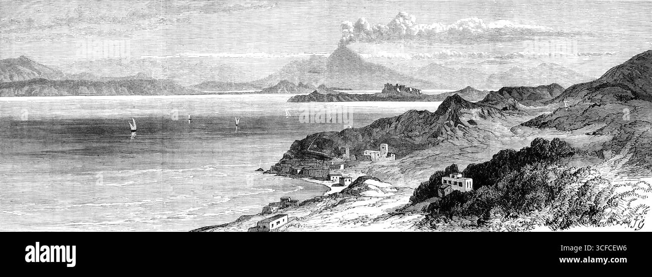 Il terremoto dell'Isola d'Ischia: Vista dal giardino della Gran Sentinella, 1881. "La scorsa settimana è stato dato un resoconto del devastante terremoto e della perdita di vite umane di venerdì 4 marzo, a Casamicciola, nell'Isola d'Ischia, nel Golfo di Napoli...da allora abbiamo ricevuto da un corrispondente di Napoli, R. Michely, diversi bozzetti, con fotografie che rappresentano gli effetti reali di questo grande disastro. Abbiamo dato una breve descrizione dell'isola, con le sue piccole città e i suoi villaggi, e il Monte Epomeo, un vulcano estinto, che sorge al centro. Casamicciola, famosa per le sue sorgenti medicinali, è un Foto Stock