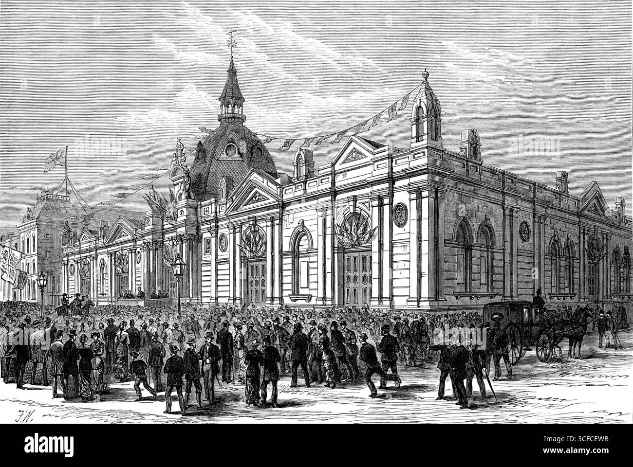 Apertura del nuovo Market-Hall, Southport, 1881. Mercoledì della scorsa settimana, la città è stata animata da molta festa, in occasione della doppia occasione dell'apertura dell'estensione settentrionale della passeggiata da parte del conte di Lathom, e dell'apertura dei nuovi mercati da parte del conte di Derby. Quest'ultima serie di edifici, che sono stati eretti in stile classico su disegno dei signori Mellor e Sutton, architetti locali, arco si trovano in Eastbank-Street, ma con strade su due altri lati, e non ci sono meno di tredici ingressi. Alla porta centrale di Eastbank Street ci sono pilastri e colonne sup Foto Stock