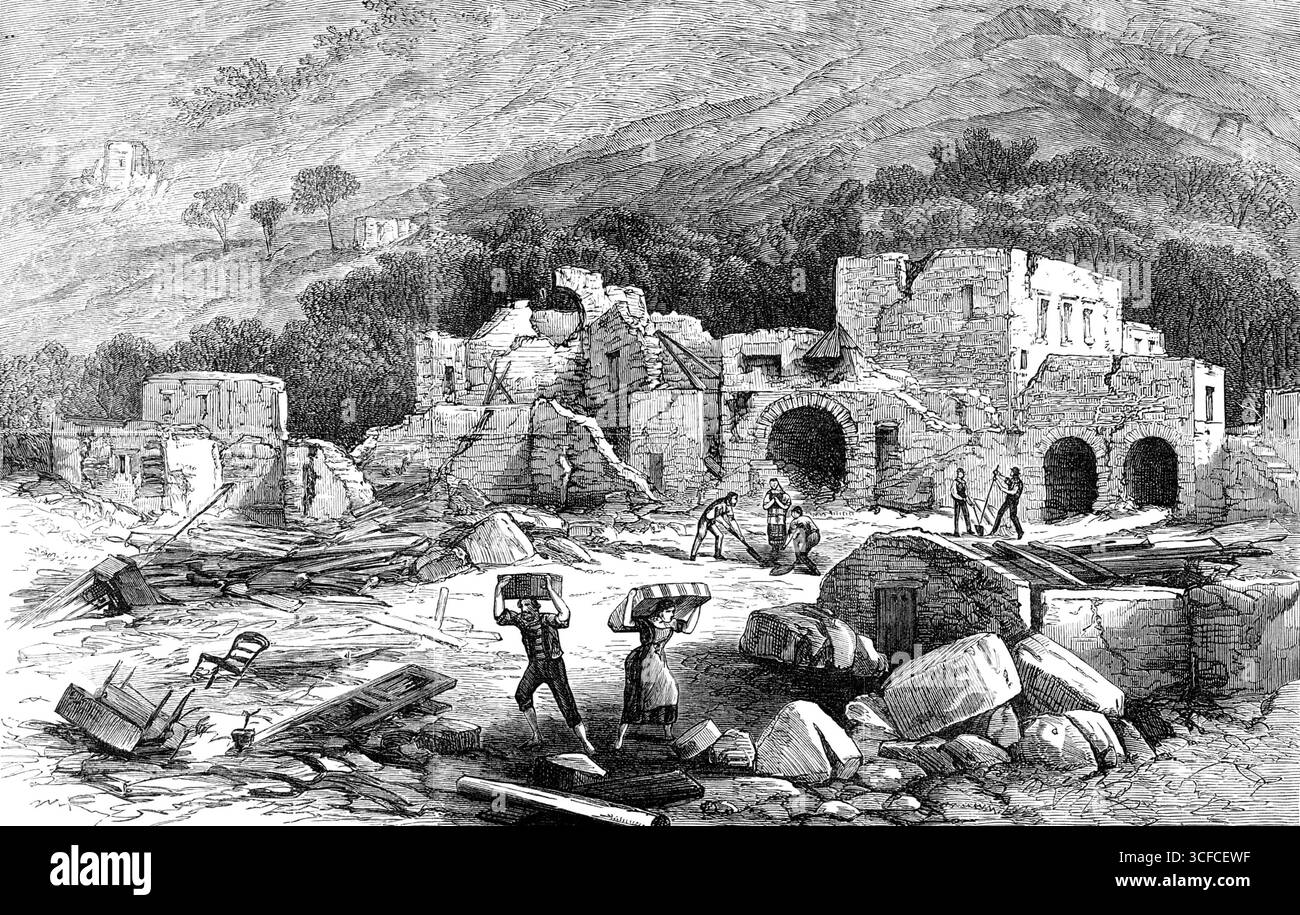 Parte di Casamicciola, Isola d'Ischia, dopo il terremoto del 1881. '...abbiamo...ricevuto da un corrispondente di Napoli, R. Michely, diversi bozzetti, con fotografie, che rappresentano gli effetti reali di questo grande disastro...Casamicciola, famosa per le sue sorgenti medicinali, è un luogo di irrigazione preferito dagli invalidi di di Napoli, essendo a venti miglia da quella città...molte case e mura, gettate giù dal primo shock, che sono continuati solo pochi secondi, hanno coperto questa parte di un mucchio di rovine, da cui sono stati scagliati gradualmente i cadaveri degli abitanti, alcuni dei quali in un tristemente m Foto Stock