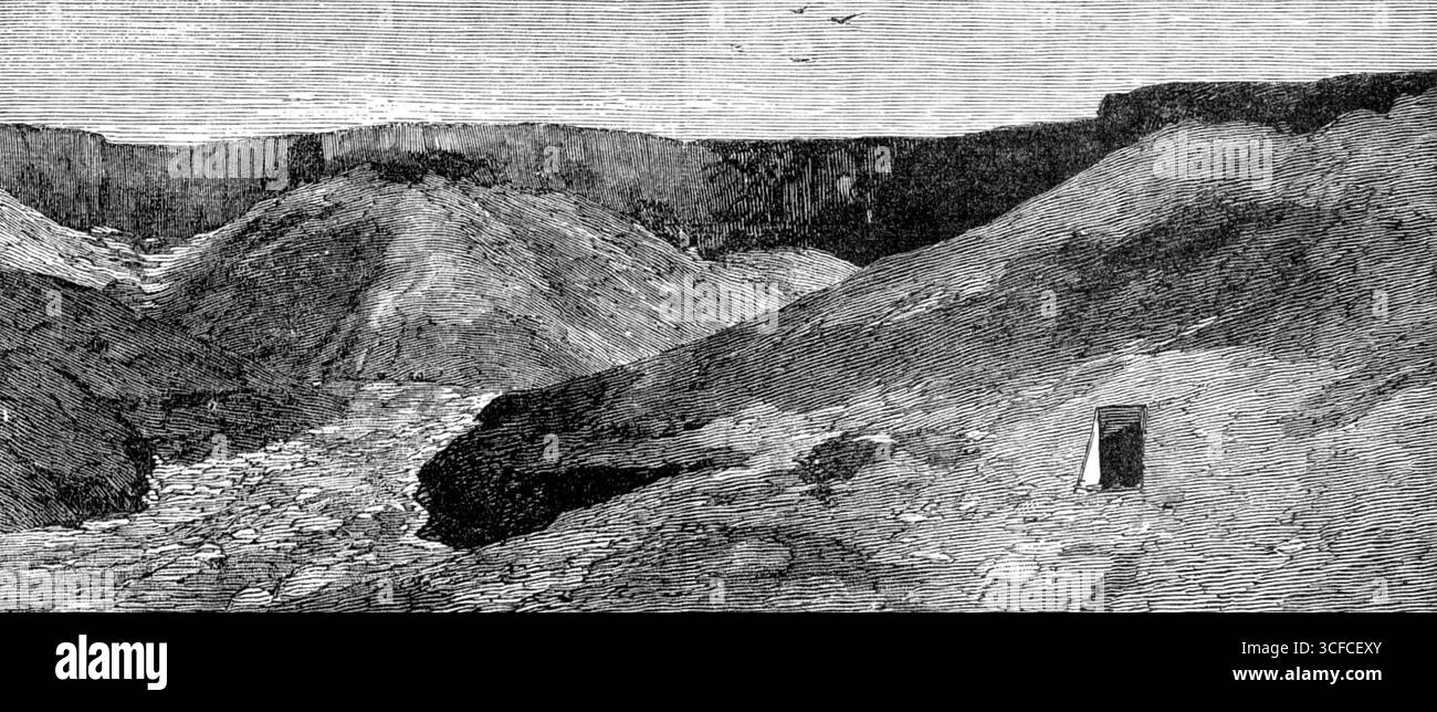 Bozzetti in Egitto: Le rovine di Tebe - Valle delle Tombe dei Re, 1883.'le tombe dei Re sono decorate con meravigliosi dipinti di soggetti religiosi, i cui disegni, metà grotteschi, metà mistici, come le scene dell'Inferno di Dante, consentono uno studio molto curioso. Il sarcofago di alabastro scolpito nel Museo Soane, Lincoln's-inn-Fields, è stato portato da una di queste tombe. Sullo stesso lato del Nilo, la riva occidentale, di fronte a Luxor e Karnak, si trovano le due statue colossali di Amenoph III. Una delle quali, chiamata dai greci la statua di Memnone, fu realizzata da Foto Stock Bozzetti in Egitto: Le rovine di Tebe - Valle delle Tombe dei Re, 1883.'le tombe dei Re sono decorate con meravigliosi dipinti di soggetti religiosi, i cui disegni, metà grotteschi, metà mistici, come le scene dell'Inferno di Dante, consentono uno studio molto curioso. Il sarcofago di alabastro scolpito nel Museo Soane, Lincoln's-inn-Fields, è stato portato da una di queste tombe. Sullo stesso lato del Nilo, la riva occidentale, di fronte a Luxor e Karnak, si trovano le due statue colossali di Amenoph III. Una delle quali, chiamata dai greci la statua di Memnone, fu realizzata da Foto Stock