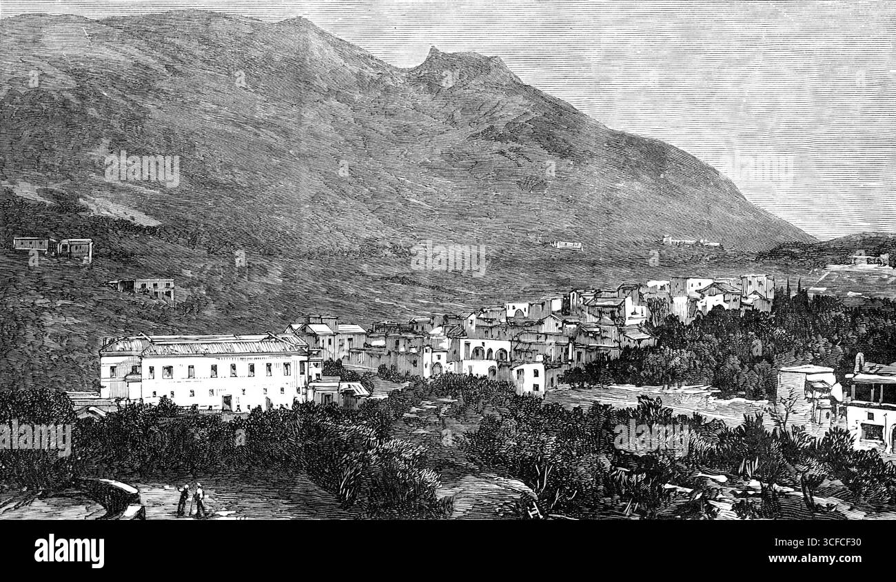 Il terremoto di Ischia: Casamicciola e Monte Epomeo, 1883. 'Un terremoto, il più terribilmente distruttivo della vita umana che si è verificato in Europa nell'ultimo quarto di secolo, ha visitato la piccola isola di Ischia, nel Golfo di Napoli, sabato scorso sera. Si stima che non meno di quattromila uomini, donne e bambini, tra cui alcune centinaia di turisti italiani e stranieri provenienti da Roma e Napoli, perirono in pochi secondi. Si trovava nella cittadina di mare e il luogo preferito per l'acqua di Casamicciola... la caratteristica principale di Ischia è il Monte Epomeo, 2782 metri di altezza Foto Stock