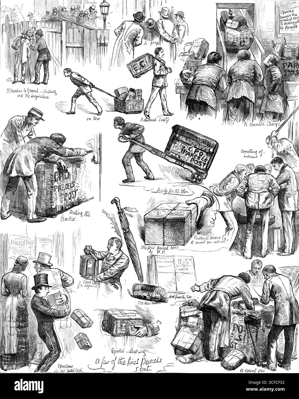 The Parcels Post: Sketches on the First Day, 1883. "Alcuni dei primi pacchi inviati: San Martino le Grand - chiudendo l'inquisitivo; Un assaggio; al seguito; restituito vuoto; Un Counter Charge; Sealing the Basket; Ready for the Van; Something of interest; some's gingham; il primo pacco inviato da P. P.; Eustace H. Maine Esq in attesa del suo ritorno; rimandato indietro per le riparazioni; The New Broom; Art from the City; sintomi nel West End; rifiutato - perdite; Un conto fuori...convenienza sociale, commerciale e domestica...su una scala molto ampia, sarà sostenuto da questa eccellente istituzione, che è venuta int Foto Stock