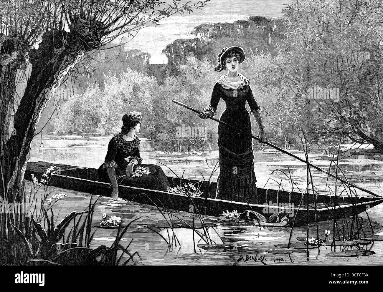 In Search of Water Lilies, 1883. "I fiumi e gli stagni inglesi, così deliziosi in estate, non hanno caratteristiche accessorie più affascinanti di questa splendida pianta acquatica. La scena delineata dal nostro artista, in una delle nostre incisioni di questa settimana, guadagna ulteriore interesse dalla presenza di figure umane. L'equipaggio di un punt, a galla su un delizioso pezzo d'acqua, ricoperto di siografi, salici e altri alberi lungo il fiume, si diverte senza dubbio in un pomeriggio di sole nel mese di luglio o agosto. Se l'equipaggio e' composto da due ragazze cosi' coinvolgenti come qui raffigurate, cosi' Foto Stock