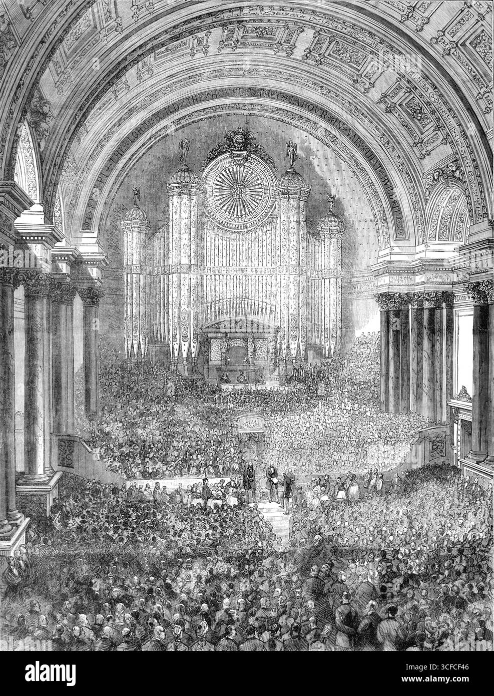 Mr. Gladstone a Leeds: Interno della Victoria Hall, Leeds Townhall - presentazione indirizzi, 1881. Il primo ministro britannico nello Yorkshire. Dopo aver parlato un'ora, il signor Gladstone è stato intrattenuto a pranzo, nella Victoria Hall, dal Leeds Liberal Club... la prima parte dell'attività, come ha spiegato il sindaco, era non politica, o doveva essere così, dato che l'indirizzo della Corporation era di un corpo che rappresentava tutte le sfumature di opinione politica. Il Town Clerk ha letto questo indirizzo con molta enfasi oratoria. La risposta del Premier è stata volutamente breve e quasi colloquiale. Poi sono arrivati i pres Foto Stock