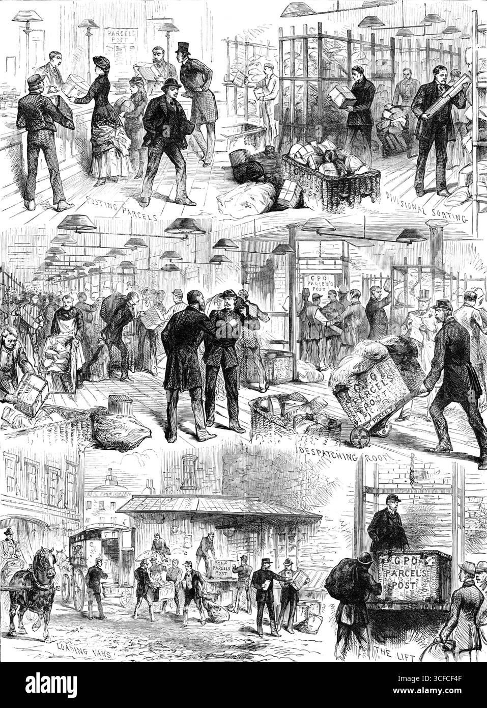 The Parcels Post - primo giorno: Bozzetti presso l'Ufficio postale generale, 1883. "Distacco pacchi; smistamento divisionale; sala di spedizione; carico furgoni; ascensore...sociale, la convenienza commerciale e domestica...su vasta scala, sarà favorita da questa eccellente istituzione, che è entrata in funzione in tutto il Regno Unito mercoledì...il primo giorno del Poste presso l'ufficio postale generale, gli uffici postali distrettuali di Londra, e presso sei o sette nuovi uffici appositamente istituiti per questo lavoro in diverse parti di Londra, è stata un'occasione interessante...all'arrivo, in Foto Stock