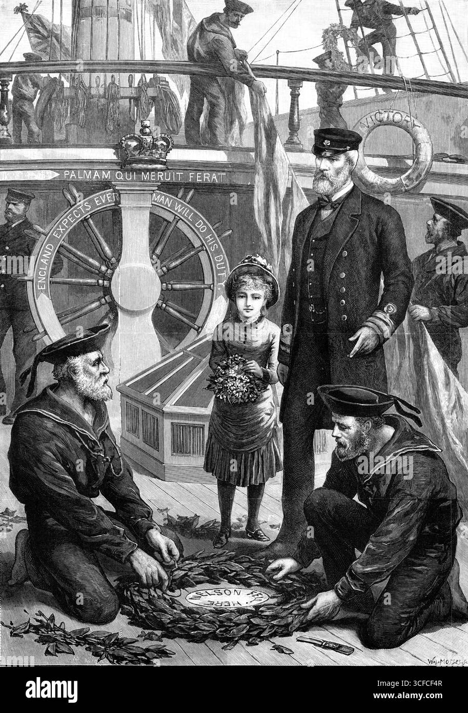 L'anniversario di Trafalgar a bordo della vecchia Vittoria a Portsmouth, 1881. I marinai della Royal Navy posero una corona sul ponte della nave di Nelson, la Victory: Una targa segna il punto in cui cadde. Una ragazza - forse la figlia del capitano - tiene un mazzo di fiori mentre altri marinai alzano le bandiere. Sulla ruota della nave sono incise le parole: "L'Inghilterra si aspetta che ogni uomo faccia il suo dovere”. Questo fu un segnale inviato dal viceammiraglio Horatio Nelson mentre la battaglia di Trafalgar stava per iniziare il 21 ottobre 1805. La frase latina "Palmam qui meruit ferat" che significa "chi si è guadagnato la palma Foto Stock