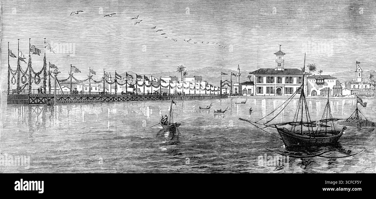 Nuovo molo e uffici governativi, Limasol, Cipro, 1881. "Il 6 ottobre una delle opere pubbliche più utili costruite dal governo britannico di Cipro, il nuovo molo di Limasol, sulla costa meridionale dell'isola, è stata dedicata all'uso pubblico da parte di Sir Robert Biddulph, l'alto Commissario. Limasol è una città di cinque o seimila persone, e il porto principale per la spedizione di vino cipriota, olio d'oliva e fagioli di carruba; la sua strada aperta non è molto sicura o conveniente, ma si classifica secondo a Larnaca per la quantità totale di spedizioni e traffico. Il nuovo molo è una struttura in ferro ben progettata, Foto Stock