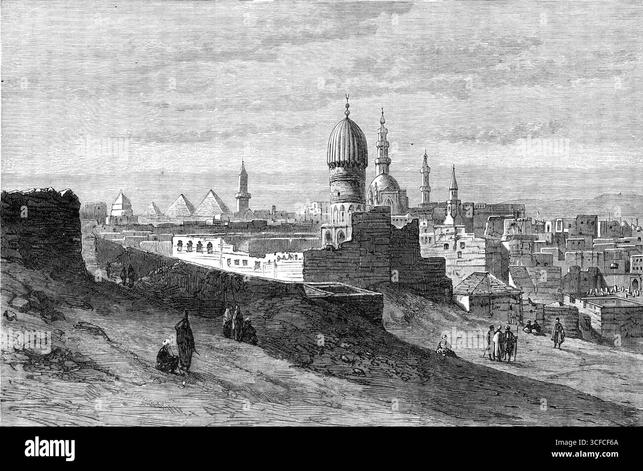Cairo dalla Cittadella, 1881. "Presentiamo [un] illustrazione della città del Cairo, mostrando quegli aspetti che appartengono alla sua vecchia storia sociale e politica maommedana, piuttosto che le moderne aggiunte in stile europeo. El Kahirah, "il Vittorioso", come il nome significa in arabo, fu fondata dagli Arabi conquistatori, cento anni prima della conquista normanna dell'Inghilterra... sul lato nord e est della città vecchia, le antiche mura sono ancora in piedi, con le imponenti porte settentrionali, Bab-el-Nasr e Bab-el-Futuh, vicino al Gemaliyeh, che è il quartiere dei nativi Foto Stock