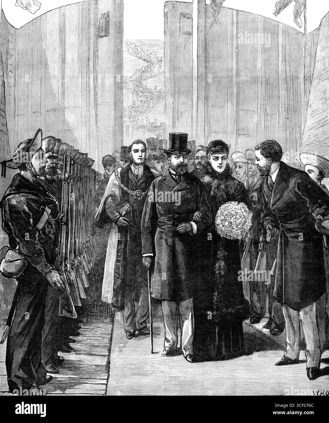 La visita reale a Swansea: Il Principe e la Principessa di Galles aprono il nuovo molo nel 1881. "Le loro altezze reali il Principe e la Principessa di Galles hanno visitato questa settimana la città di Swansea, in occasione, che si è svolta martedì, dell'apertura della East Dock di nuova costruzione per l'alloggio di una classe più grande di navi a vapore in quel porto commerciale in ascesa...tra gli anni 1860 e 1861 sono stati completati i Docks Nord e Sud e nel 1863 sono stati collegati con il Great Western, Londra e Nord-Ovest, e Midland Railways, così come con le varie diramazioni ferroviarie per Foto Stock