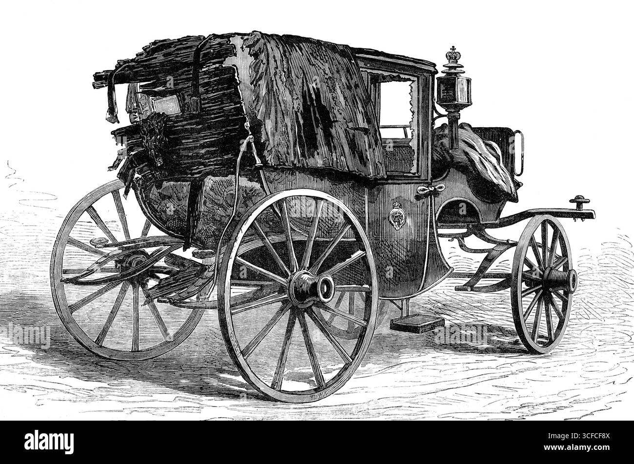 Le cospirazioni a San Pietroburgo: La carrozza del defunto imperatore, distrutta dall'esplosione del primo proiettile, 1881. La carrozza... aveva una pedana dietro la quale un cosacco poteva stare in piedi, il che è piuttosto bussato a pezzi, lasciando solo un solo pezzo di legno. L'uomo che stava lì è stato ucciso subito. La copertura laccata della parte posteriore del carrello e della parte superiore di ostacolo di entrambi i lati... è piuttosto strappata, esponendo a vedere la struttura frantumata dello schienale e dei lati e del sedile sottostante. Gli assali e le ruote non sono feriti, pertanto il carrello potrebbe essere stato facilmente guidato Foto Stock