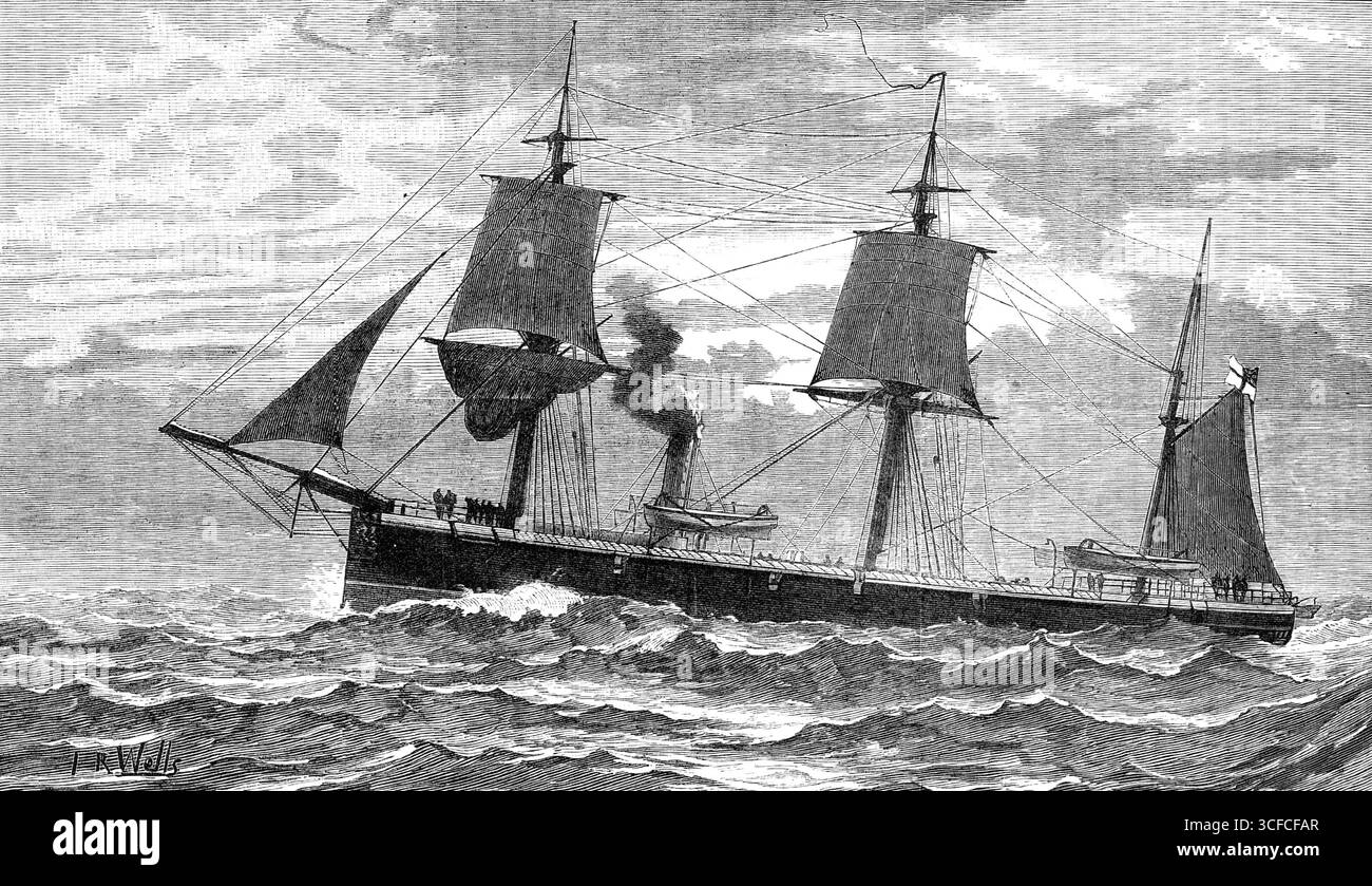 H.M.S. Doterel, recentemente fatto esplodere nello stretto di Magellano, 1881. "Il terribile disastro del 26 aprile, a Sandy Point, dove questa nave, sulla strada per unirsi allo squadrone britannico nel Pacifico, è stata fatta esplodere da qualche mezzo accidentale fino ad ora sconosciuto, con la perdita di 145 vite, è stato annunciato nella nostra ultima pubblicazione... alcuni hanno immaginato che l'incidente potrebbe essere stato causato da un siluro che è stato fatto cadere nell'acqua, due o tre anni fa, da H. M.S. Shah; ma il Segretario dell'Ammiragliato, alla camera dei comuni di venerdì, dichiarò che questo siluro era stato sa Foto Stock