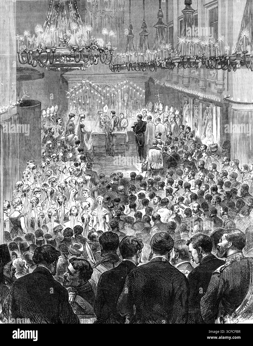 Il matrimonio imperiale a Vienna: La cerimonia di matrimonio nella Chiesa del Palazzo degli Agostini, 1881. Veduta di '...le splendide nozze del principe ereditario Rodolfo d'Austria e Ungheria con la principessa St&#xe9;fanie del Belgio... la cerimonia del matrimonio si è svolta... presso la Chiesa degli Agostini, annessa al Palazzo Imperiale'. Da "Illustrated London News", 1881. Foto Stock